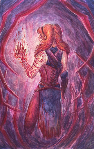 Gouache painting of a witch surrounded by blood drips.
