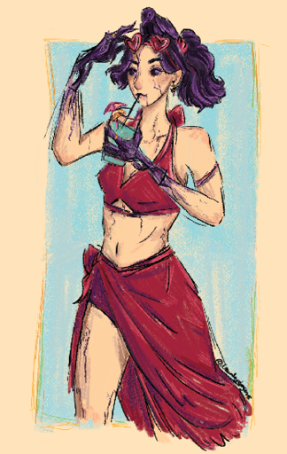 Digital drawing of a woman in a red swimsuit.