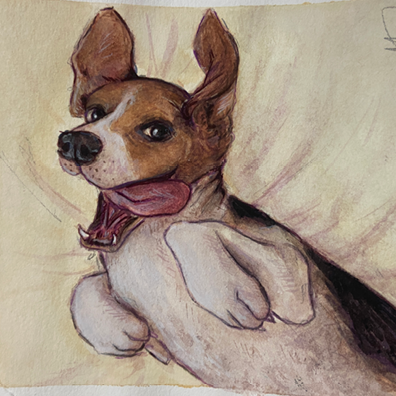 Gouache painting of a dog with its tongue out.