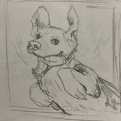 Pencil sketch of a dog with its tongue out.