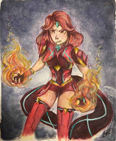 Acrylic painting of a woman wielding fire balls.