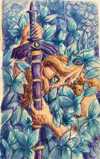 Gouache painting of a woman with a sword, surrounded by blue flowers.