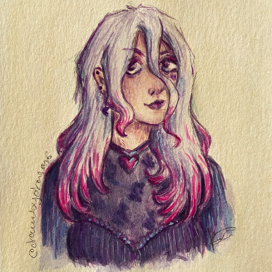 Gouache painting of a young goth woman.