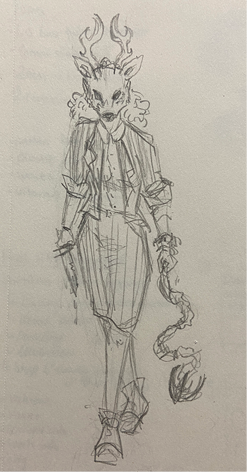 Pencil sketch of woman wearing a deer mask and carrying a knife and hook.