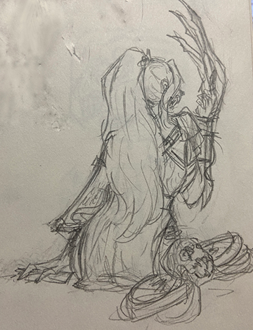 Pencil sketch of a woman with long hair and blades on her arm.