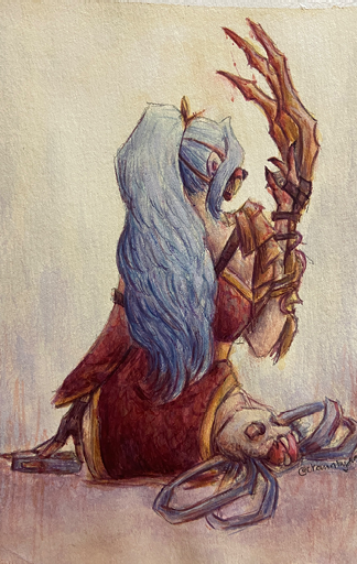 Gaouche painting of a woman with long hair and blades on her arm.