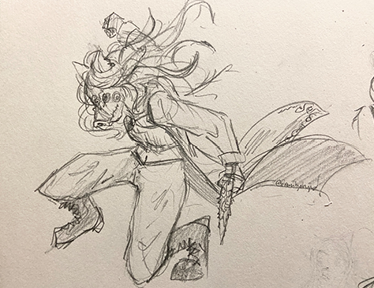 Pencil sketch of a woman in a pig mask.