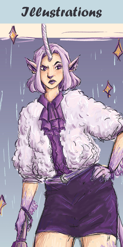 Digital drawing of a purple unicorn woman