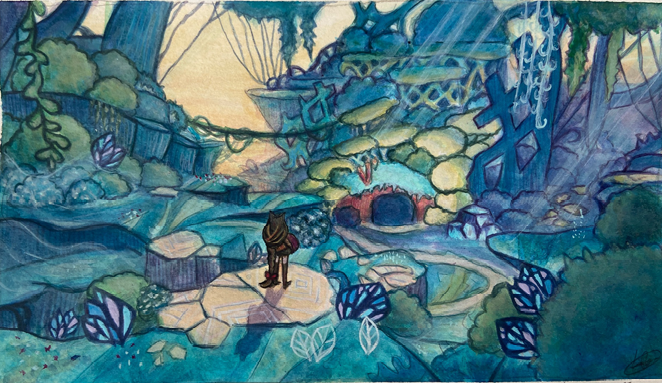 Gouache painting of a blue fantasy forest.