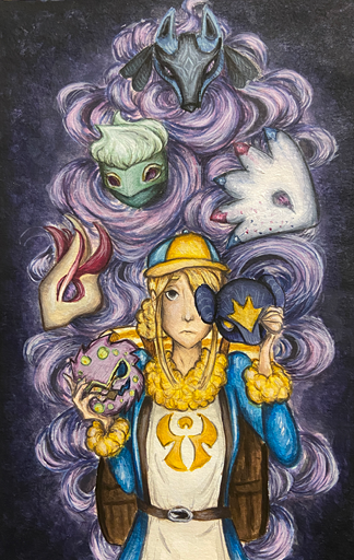 Acrylic painting of a man surrounded by masks.