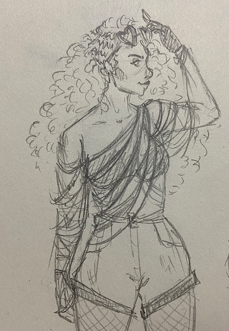 Pencil sketch of a woman wearing a fancy shirt.