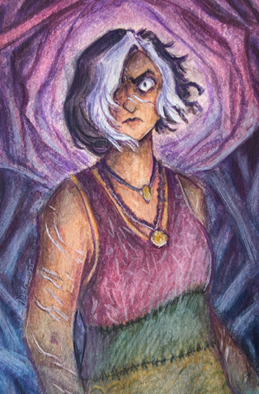 Gouache painting of a woman surrounded by tree branches.