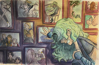 Gouache painting of a woman crying in front of many portraits.