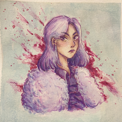 Gouache painting of a woman with purple hair and a blood splatter behind her.