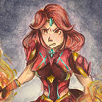 Circular profile picture of a woman holding fire balls.