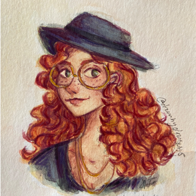 Gouache painting of a young woman with bright red hair.