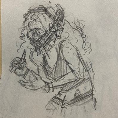 Pencil sketch of a woman wearing a bear trap on her head.