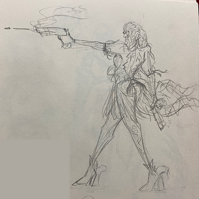 Pencil sketch of a woman walking and shooting a gun.